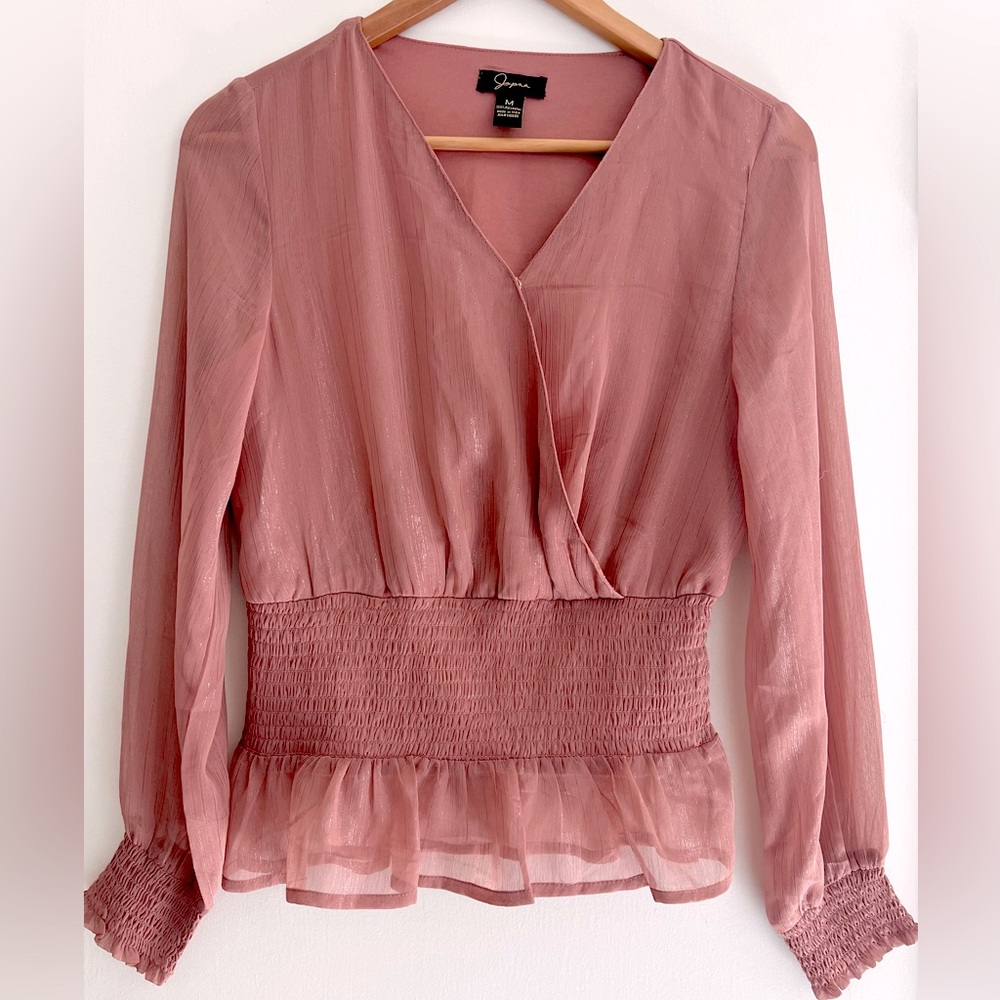 Japna Singh Elegant Dusty Pink Mauve Sheer V-Neck Surplice Long Sleeve Blouse M